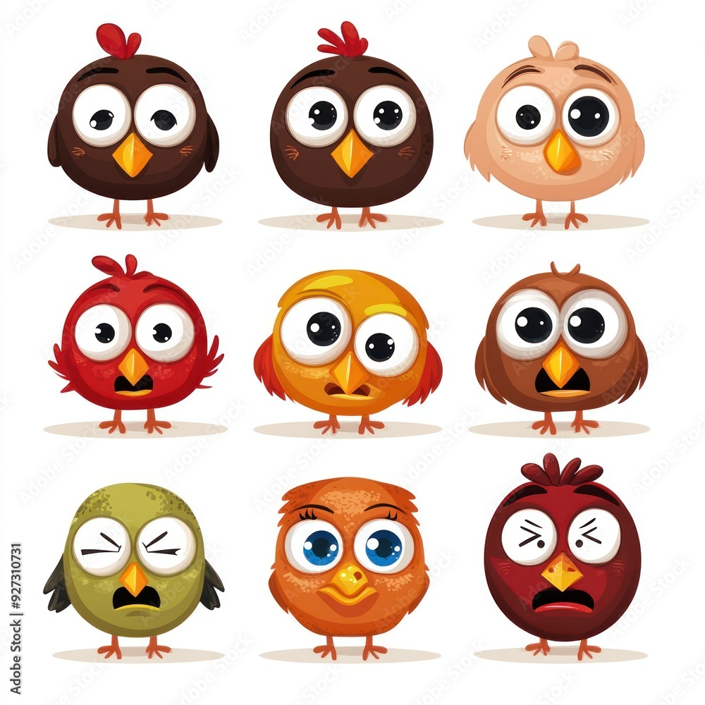 Nine cute cartoon birds with different emotions and colors. Nine cute cartoon birds with different emotions and colors.