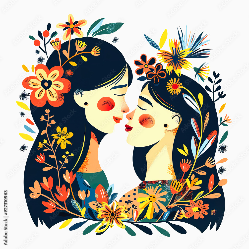 Two Women with Floral Crowns Facing Each Other Two Women with Floral Crowns Facing Each Other