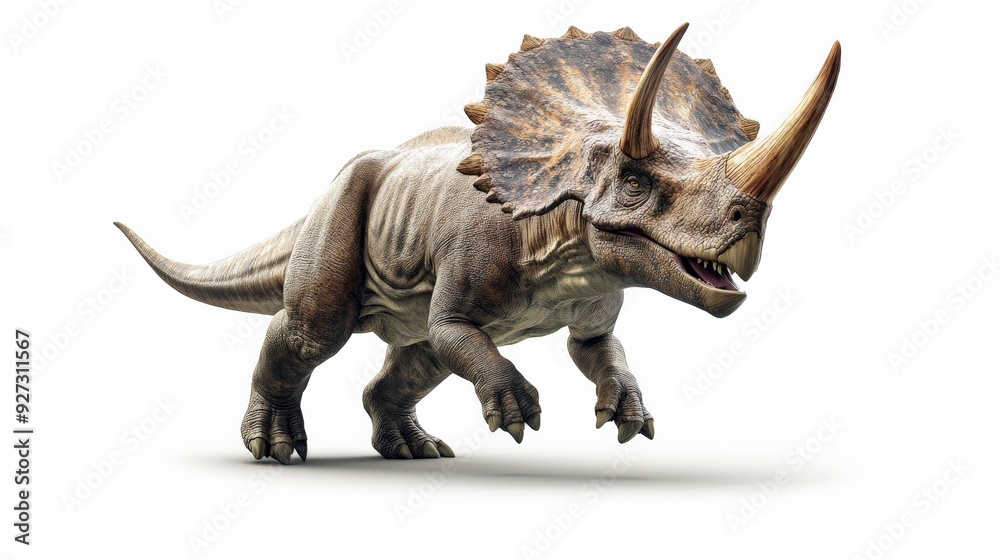 Fototapeta premium 3D rendering of a realistic triceratops dinosaur isolated on a white background, showcasing detailed textures and a fierce stance.