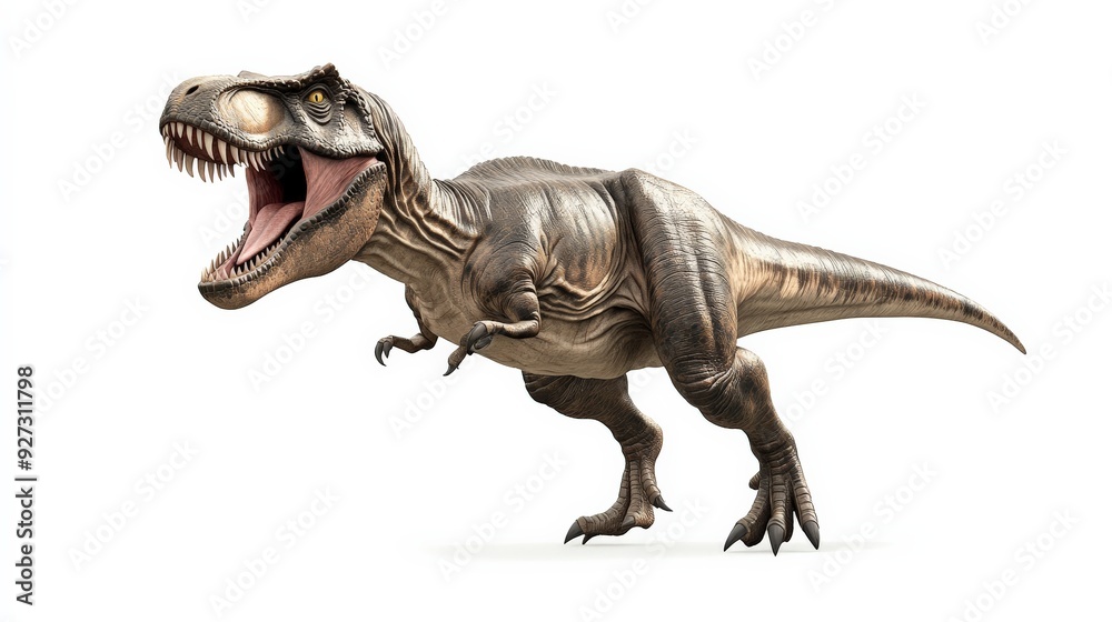 A detailed 3D rendering of a fierce Tyrannosaurus rex with an open mouth, displaying sharp teeth, and a powerful stance. A detailed 3D rendering of a fierce Tyrannosaurus rex with an open mouth, displaying sharp teeth, and a powerful stance.