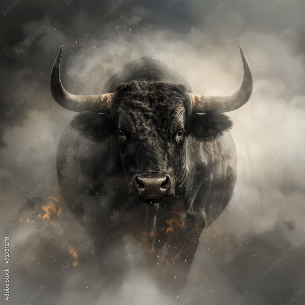 Ox Illustration. Photorealistic Black Bull Symbol with Dust and Smoke Effects Ox Illustration. Photorealistic Black Bull Symbol with Dust and Smoke Effects