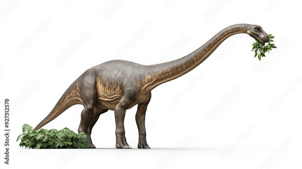 Fototapeta premium A detailed illustration of a Brachiosaurus eating leaves, showcasing its long neck and massive body in a natural pose.