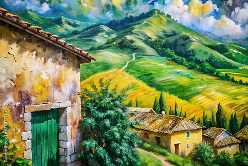 Canvas oil painting Italian country village landscape art.