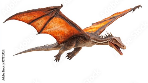 A detailed illustration of a flying dragon with fiery wings, showcasing mythical and fantasy elements on a white background.