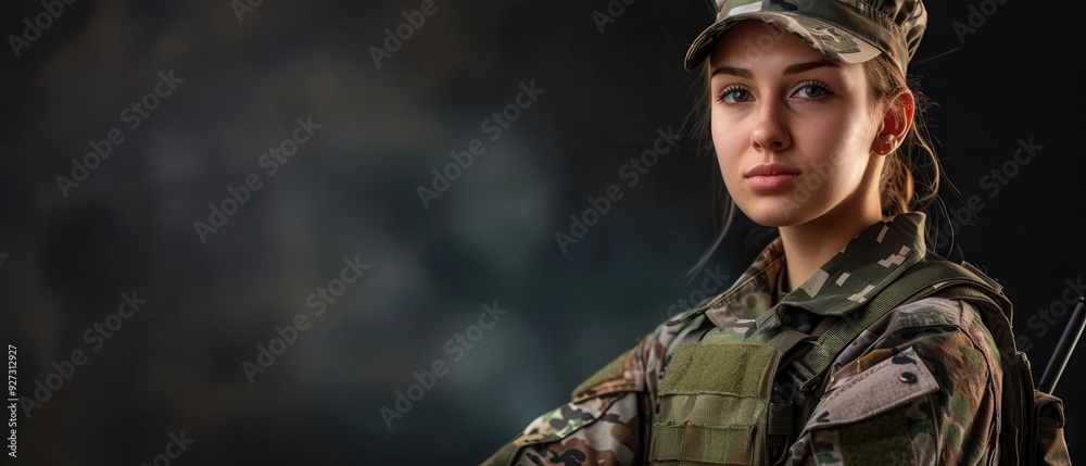 Determined woman in military uniform with intense gaze. Determined woman in military uniform with intense gaze.