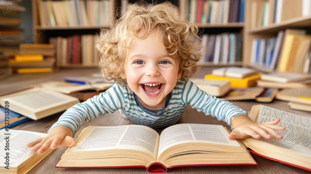 Happy child reading a book and laughing surrounded by literature in a library Happy child reading a book and laughing surrounded by literature in a library