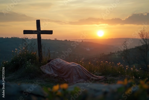 omb Empty With Shroud And Crucifixion At Sunrise - Resurrection Of Jesus Christ , ai photo