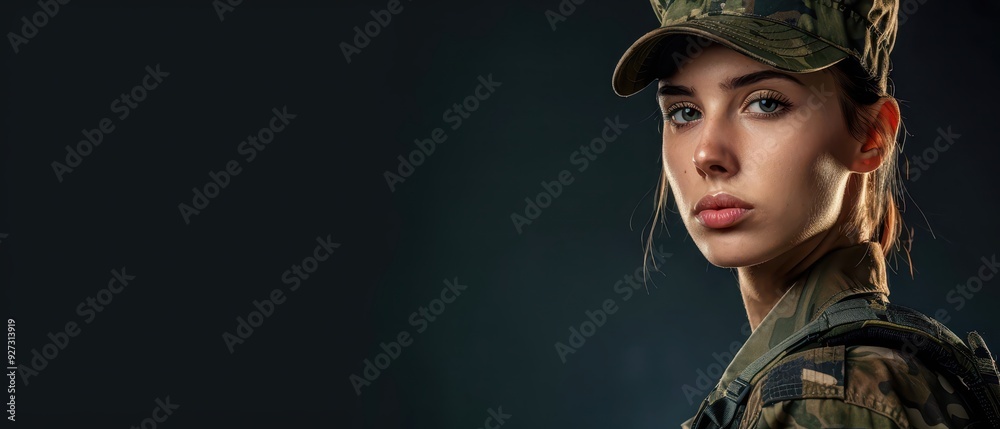 Female soldier in uniform, profile view, serious expression. Free copy space Female soldier in uniform, profile view, serious expression. Free copy space