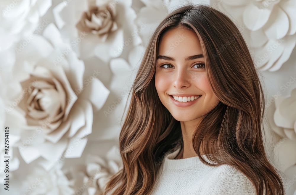 pretty girl with long brown hair, white background with large paper flowers in the background pretty girl with long brown hair, white background with large paper flowers in the background