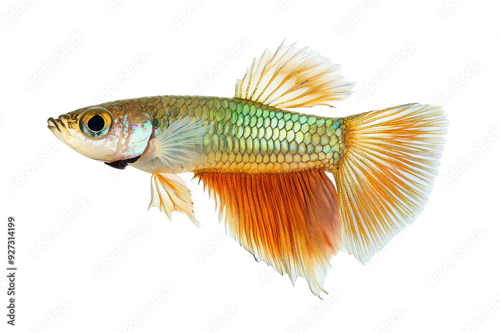 Fototapeta premium A vibrant and colorful guppy fish with striking fins, showcasing its unique patterns and textures in a clear view.