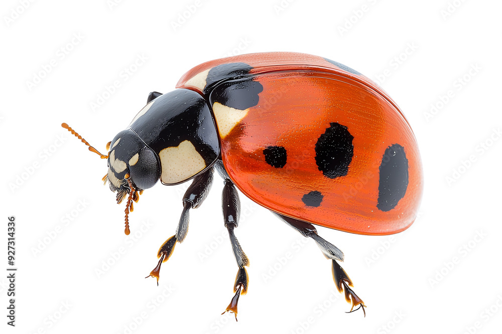 Fototapeta premium A vibrant close-up of a ladybug showcasing its striking red shell and distinctive black spots, perfect for nature enthusiasts.