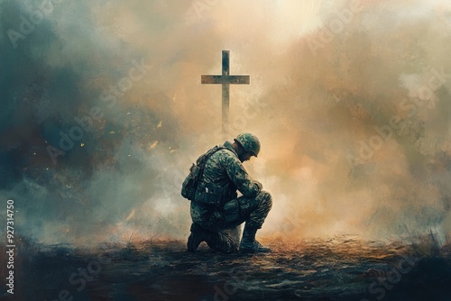 Powerful faith! Christian soldier kneels in prayer, cross looming in the backdrop. Embrace divine strength with this captivating digital painting , ai