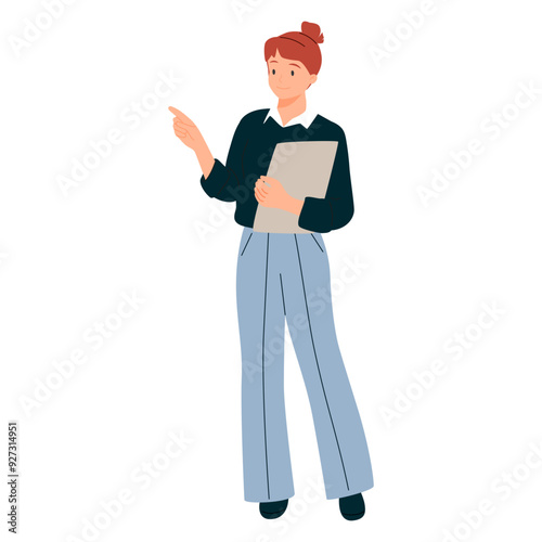 Business woman, office worker, professional female. Happy employee, businesswoman holds clipboard, standing.