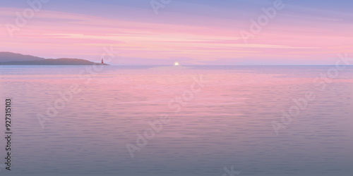 Minimalist seascape with sunset, mountain ranges and twilight sky background graphic illustration have blank space.