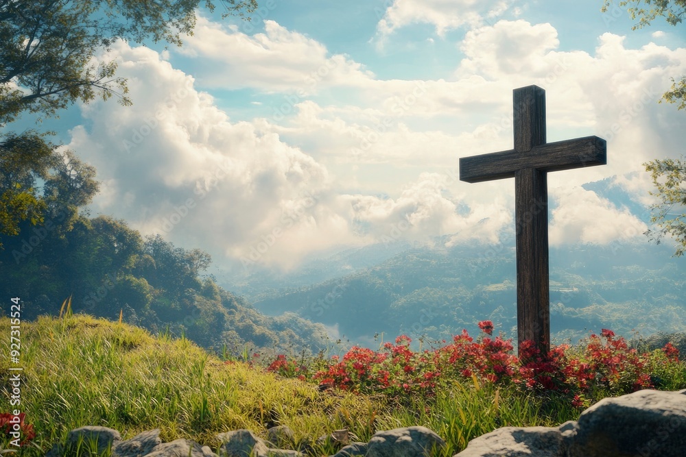 Religious representation with cross and nature landscape background , ai Religious representation with cross and nature landscape background , ai