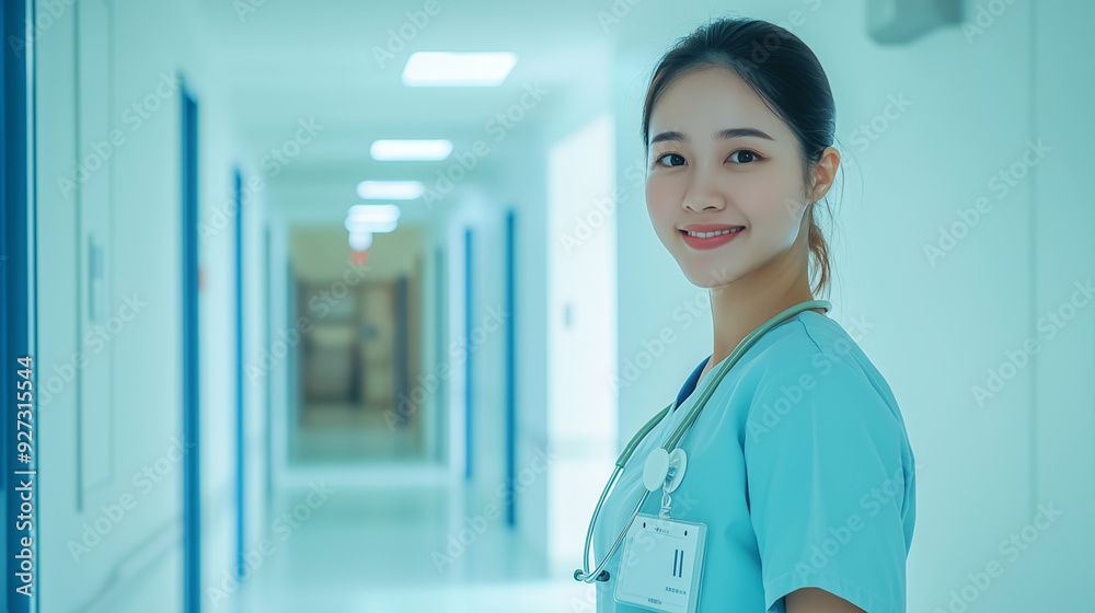 Asian nurse doing patient room rounds in hospital corridor gentle smile cool tone lighting studio lighting clean environment professional setting golden ratio Asian nurse doing patient room rounds in hospital corridor gentle smile cool tone lighting studio lighting clean environment professional setting golden ratio