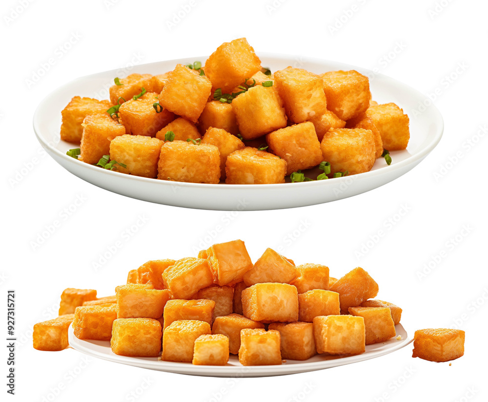Delicious golden-brown fried tofu cubes served on white plates, perfect for appetizers or as a healthy snack option. Delicious golden-brown fried tofu cubes served on white plates, perfect for appetizers or as a healthy snack option.