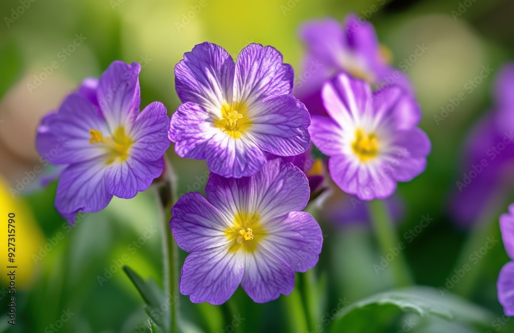 purple primrose flowers in the garden, with a blurry green background purple primrose flowers in the garden, with a blurry green background
