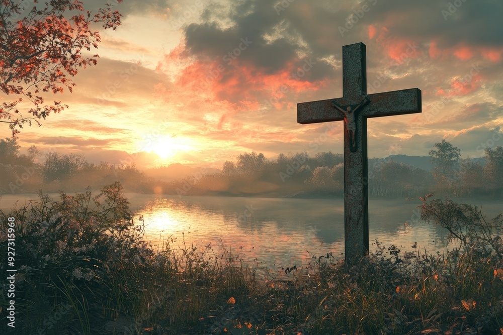 Religious representation with cross and nature landscape background , ai Religious representation with cross and nature landscape background , ai