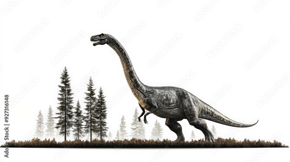Fototapeta premium A massive dinosaur walking through a forested area, showcasing the prehistoric environment with tall trees in the background.