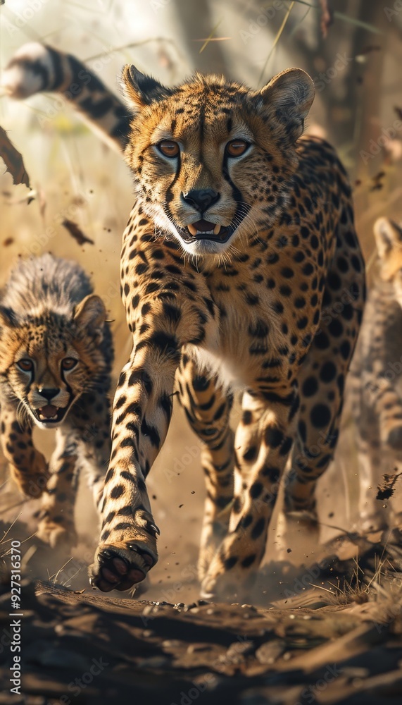 Obraz premium Mother cheetah teaching cubs to hunt a beautiful display of nature s lessons in the animal kingdom