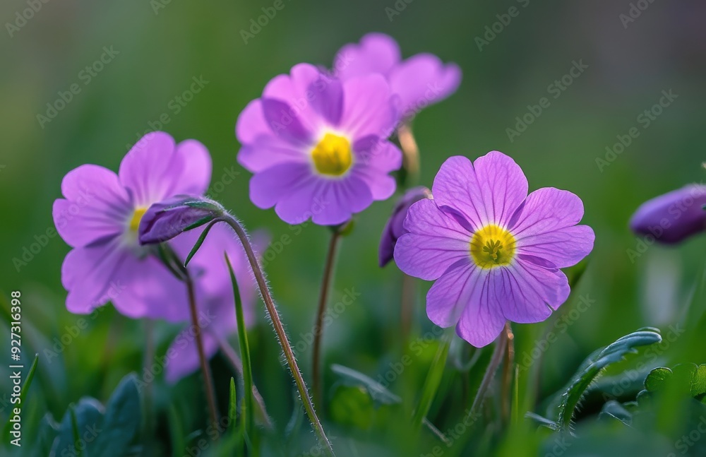purple primrose flowers in the garden, with a blurry green background purple primrose flowers in the garden, with a blurry green background