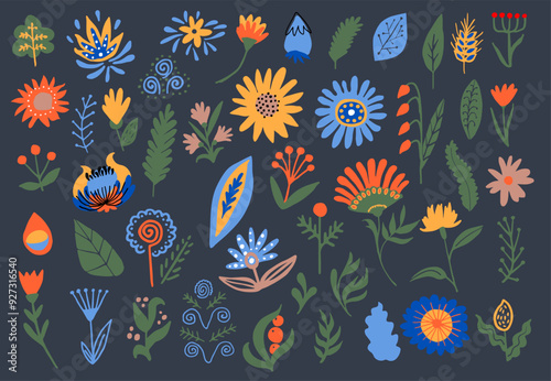 Vector Doodle Abstract Flowers for designs inspired by Ukrainian Naive art