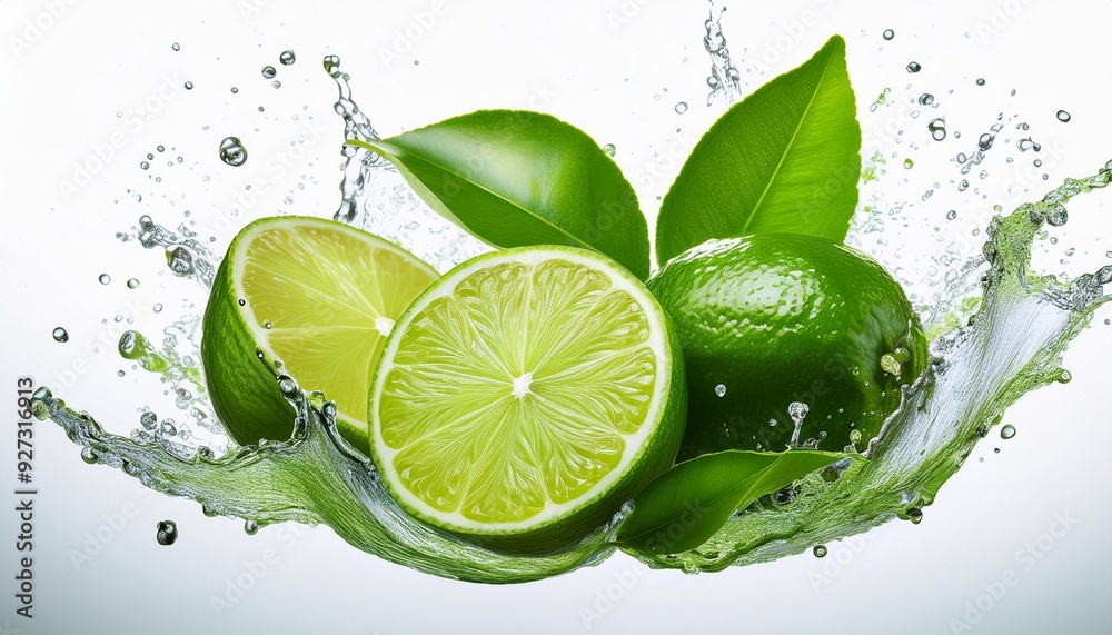 Splashing Limes and Leaves: A Fresh Cut-Out Image Splashing Limes and Leaves: A Fresh Cut-Out Image