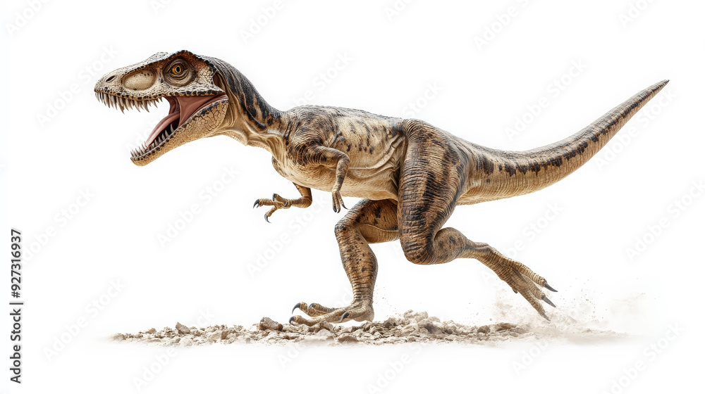 A realistic depiction of a roaring dinosaur in motion with detailed textures, evoking the prehistoric era and ancient wildlife. A realistic depiction of a roaring dinosaur in motion with detailed textures, evoking the prehistoric era and ancient wildlife.