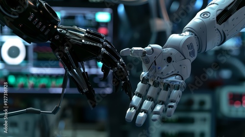 Two robotic arms reach out to each other, their metallic fingers almost touching. The arms are made of different materials, one black and one white