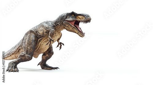 A realistic depiction of a roaring T-Rex dinosaur against a plain white background, highlighting its fearsome details and ancient majesty. photo