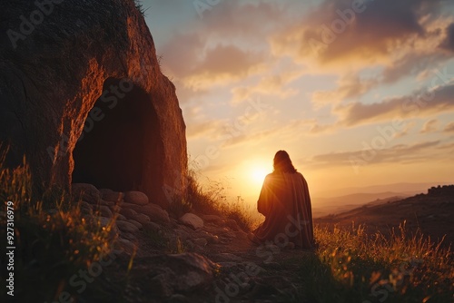 Resurrection Of Jesus at empty tomb during sunrise , ai