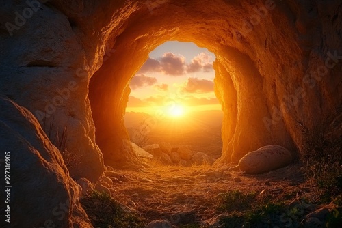 Resurrection Of Jesus at empty tomb during sunrise , ai