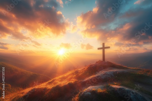 Serene Sunrise Behind Cross on Hill, Spiritual Awakening Concept , ai