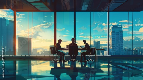 Three colleagues working on laptops in a modern office with a city view.