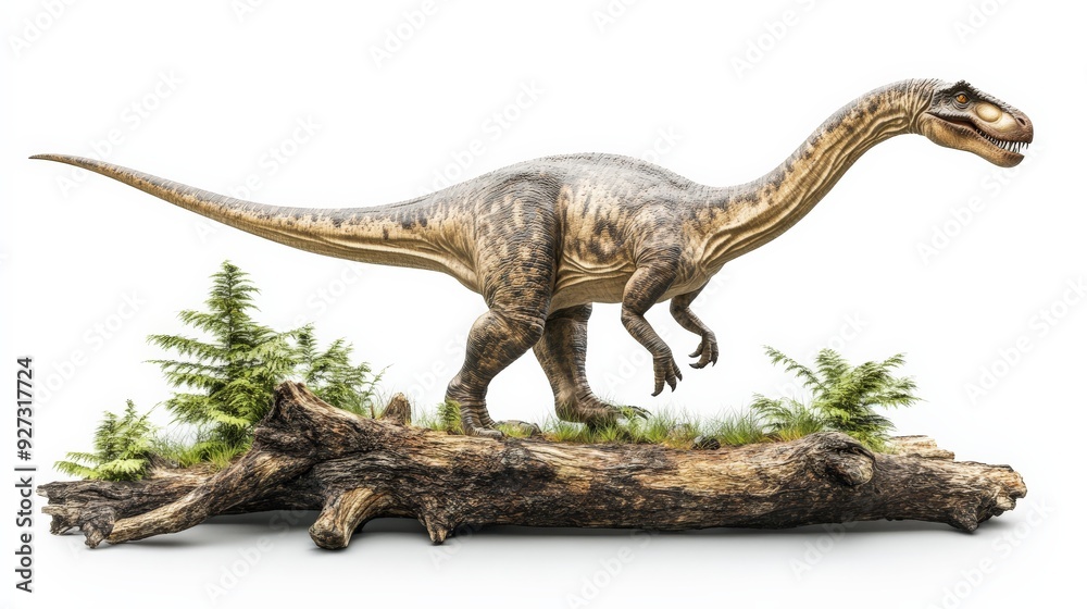 A realistic dinosaur model showcasing detailed features, standing on a wooden log with greenery around, isolated on a white background. A realistic dinosaur model showcasing detailed features, standing on a wooden log with greenery around, isolated on a white background.
