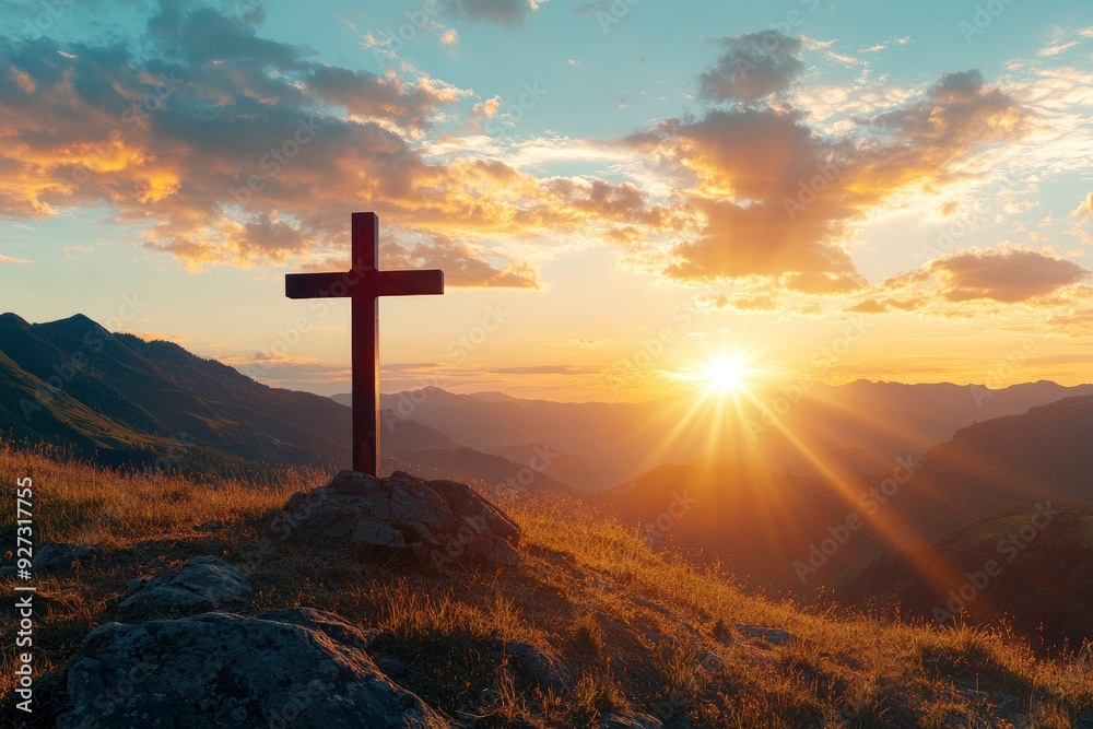 Serene Sunrise Behind Cross on Hill, Spiritual Awakening Concept , ai