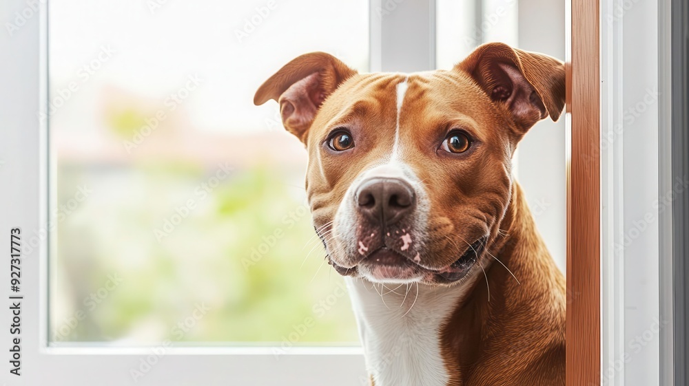 Pitbull with a wagging tail greeting its owner at the door, joyful reunion, loyalty in every moment Pitbull with a wagging tail greeting its owner at the door, joyful reunion, loyalty in every moment