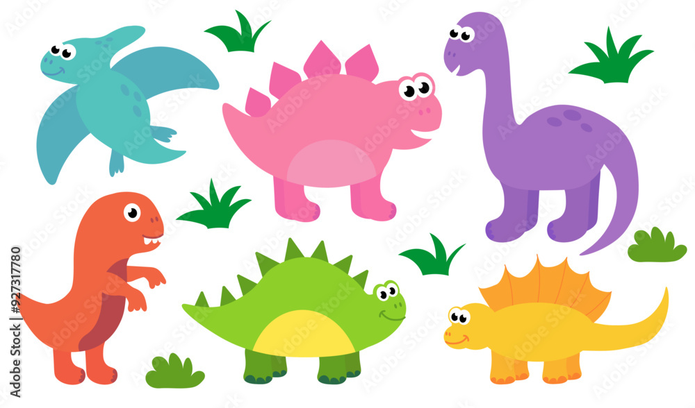 Obraz premium Collection of cute baby dinosaurs. Hand drawn brontosaurus, tyrannosaurus, pteranodon, pterodactyl. Set of flat cartoon vector illustrations isolated on white background.