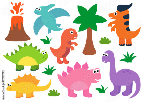 Collection of cute baby dinosaurs. Hand drawn brontosaurus, tyrannosaurus, pteranodon, pterodactyl. Set of flat cartoon vector illustrations isolated on white background.