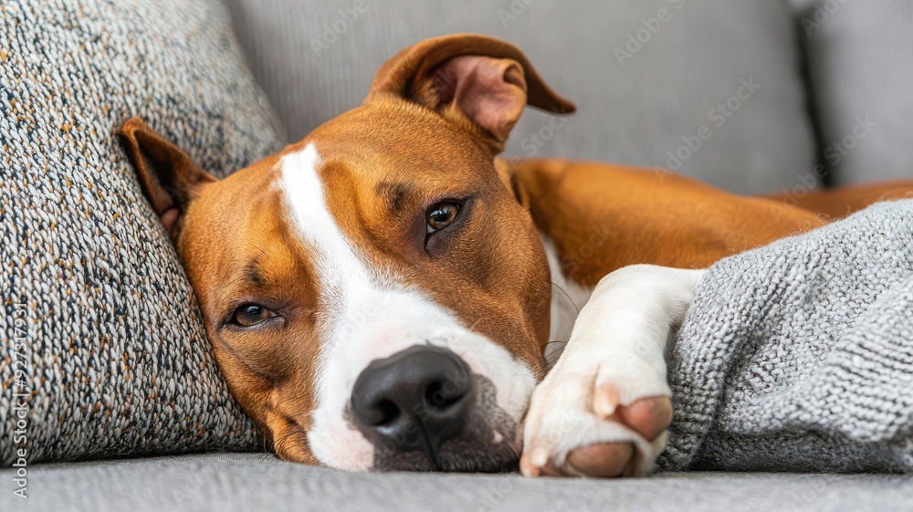 Pitbull snuggled up on the couch with its owner, cozy loyalty, the warmth of a loyal pet
