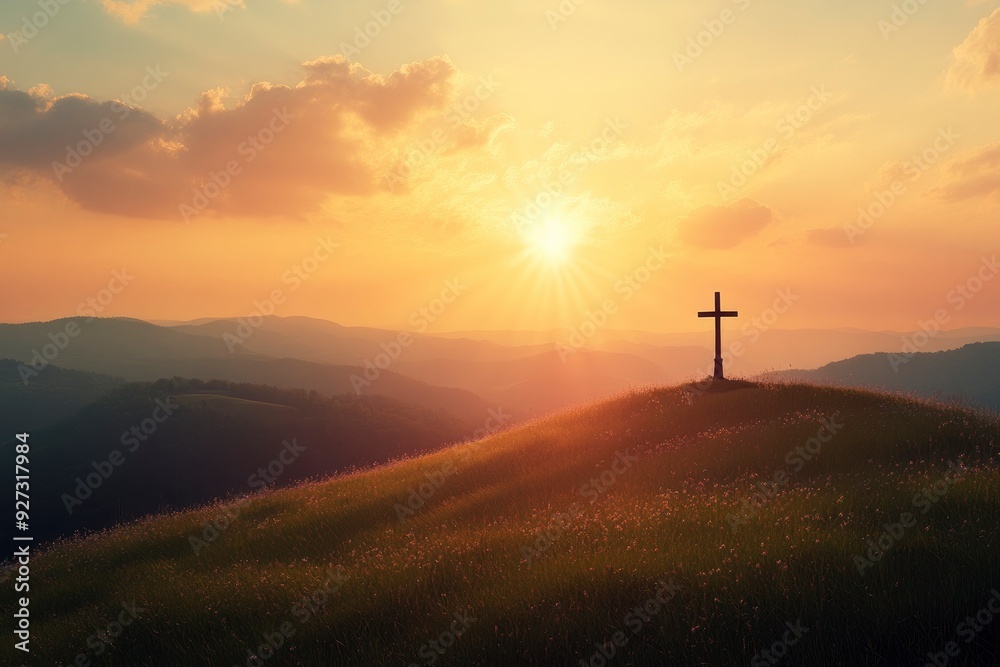 Serene Sunrise Behind Cross on Hill, Spiritual Awakening Concept , ai Serene Sunrise Behind Cross on Hill, Spiritual Awakening Concept , ai