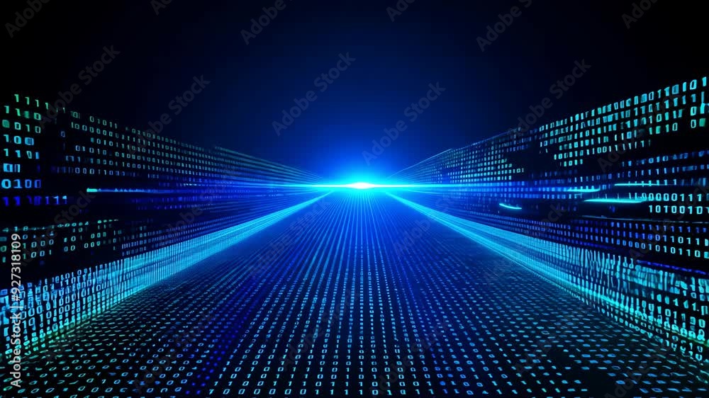 Digital Matrix: Blue Binary Code Flowing on a Black Screen Digital Matrix: Blue Binary Code Flowing on a Black Screen