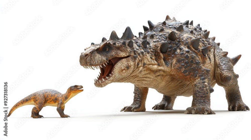 Obraz premium A realistic toy model of a large dinosaur and a small dinosaur facing each other, highlighting prehistoric wildlife and educational play.