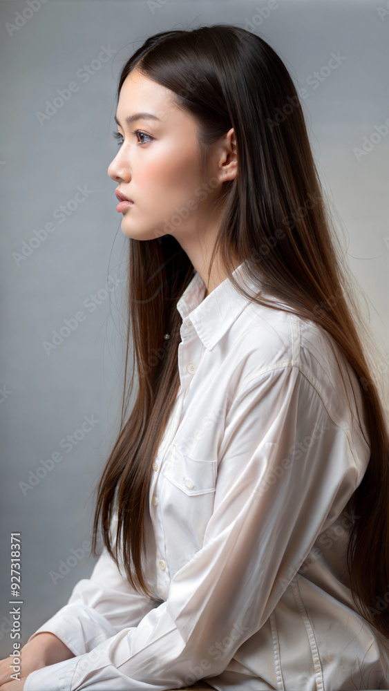 beautiful asian girl with long straight hair in white shirt sits with her back beautiful asian girl with long straight hair in white shirt sits with her back