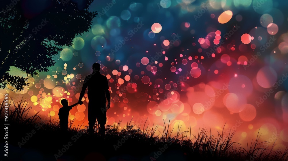 Fototapeta premium Silhouettes of a father and son standing in a field at sunset with a blurry background of colorful bokeh.