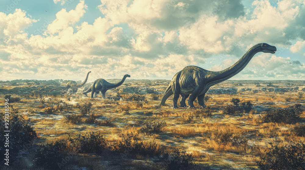 Fototapeta premium A stunning prehistoric scene featuring a group of dinosaurs walking across a rocky landscape under a cloudy sky.