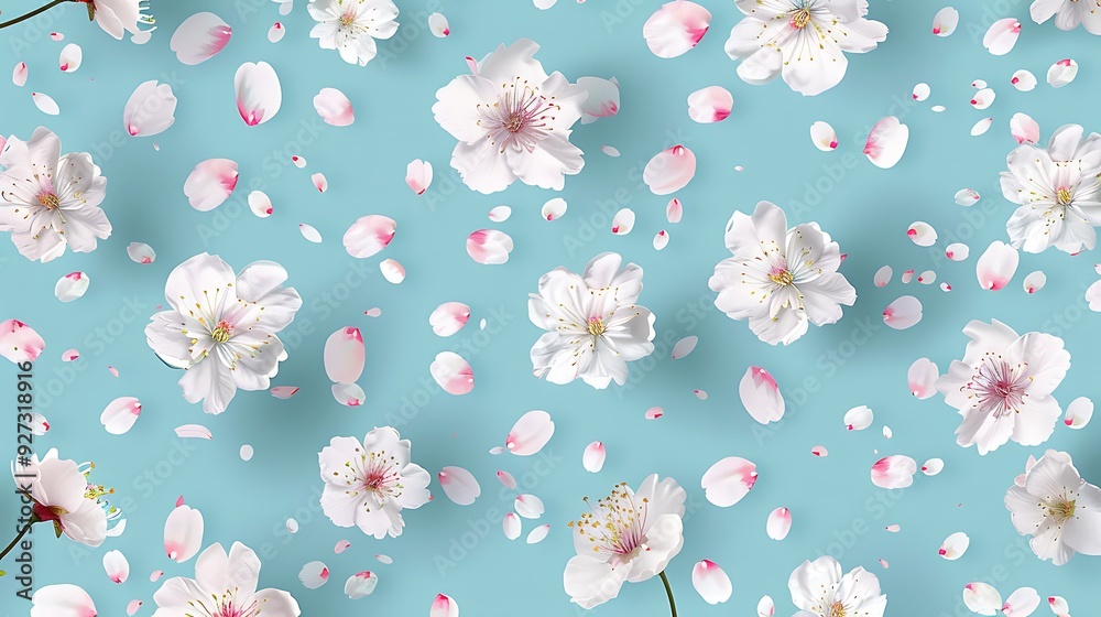 Fototapeta premium A seamless flower illustration pattern featuring delicate pink and white cherry blossoms scattered across a soft pastel blue background. 8k UHD, suitable for high-quality printing or digital 
