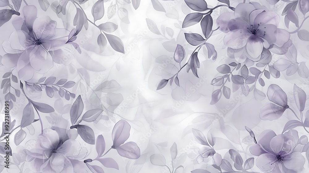 Obraz premium A soft and subtle flower pattern featuring pale lavender blooms and delicate greenery, set against a muted gray background for a calming effect. 8k UHD, suitable for high-quality printing or 