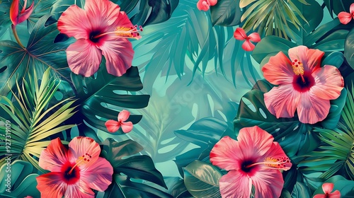 A tropical flower illustration pattern with vibrant hibiscus flowers and lush green palm leaves, creating a lively and exotic design on a turquoise background. 8k UHD, suitable for high-quality 